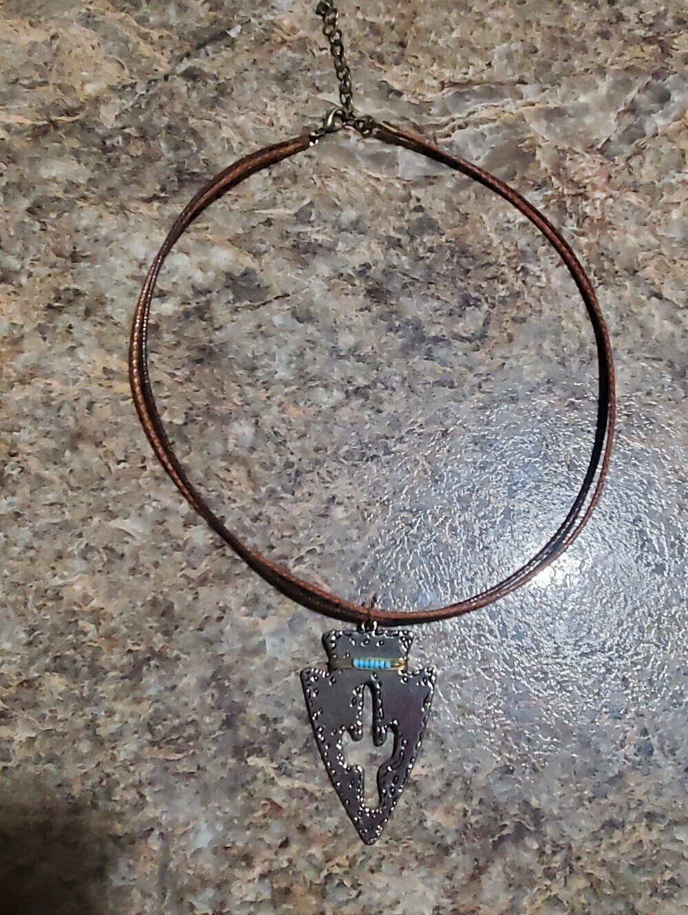 Vintage Arrow Head With Beads Statement Necklace. Silver Tone. Brown Catus